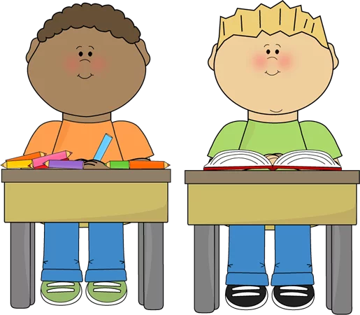 Colorful Elementary School Classroom Clipart: Diverse Students at Learning Desks