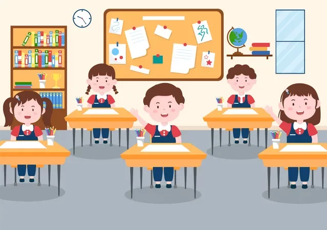 Colorful Elementary School Classroom with Cheerful Students at Desks Clipart Scene