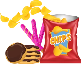 Delicious Junk Food Collection with Chips, Cookies and Candy Sticks Clipart