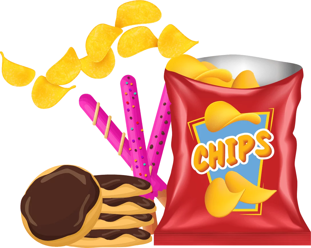 Delicious Junk Food Collection with Chips, Cookies and Candy Sticks Clipart