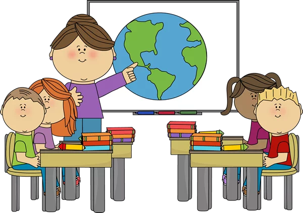 Educational Classroom Scene with Teacher and Students Learning Geography Clipart