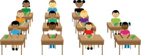 Elementary School Students Sitting at Desks in Classroom Arrangement Clipart