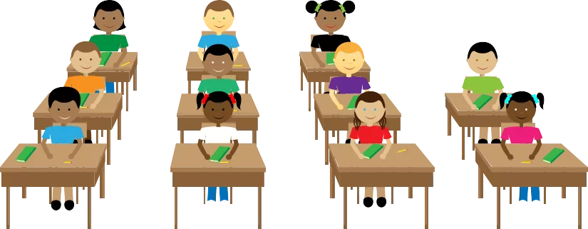 Elementary School Students Sitting at Desks in Classroom Arrangement Clipart