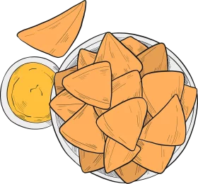 Hand-Drawn Tortilla Chips with Cheese Dip Snack Platter Food Clipart Illustration