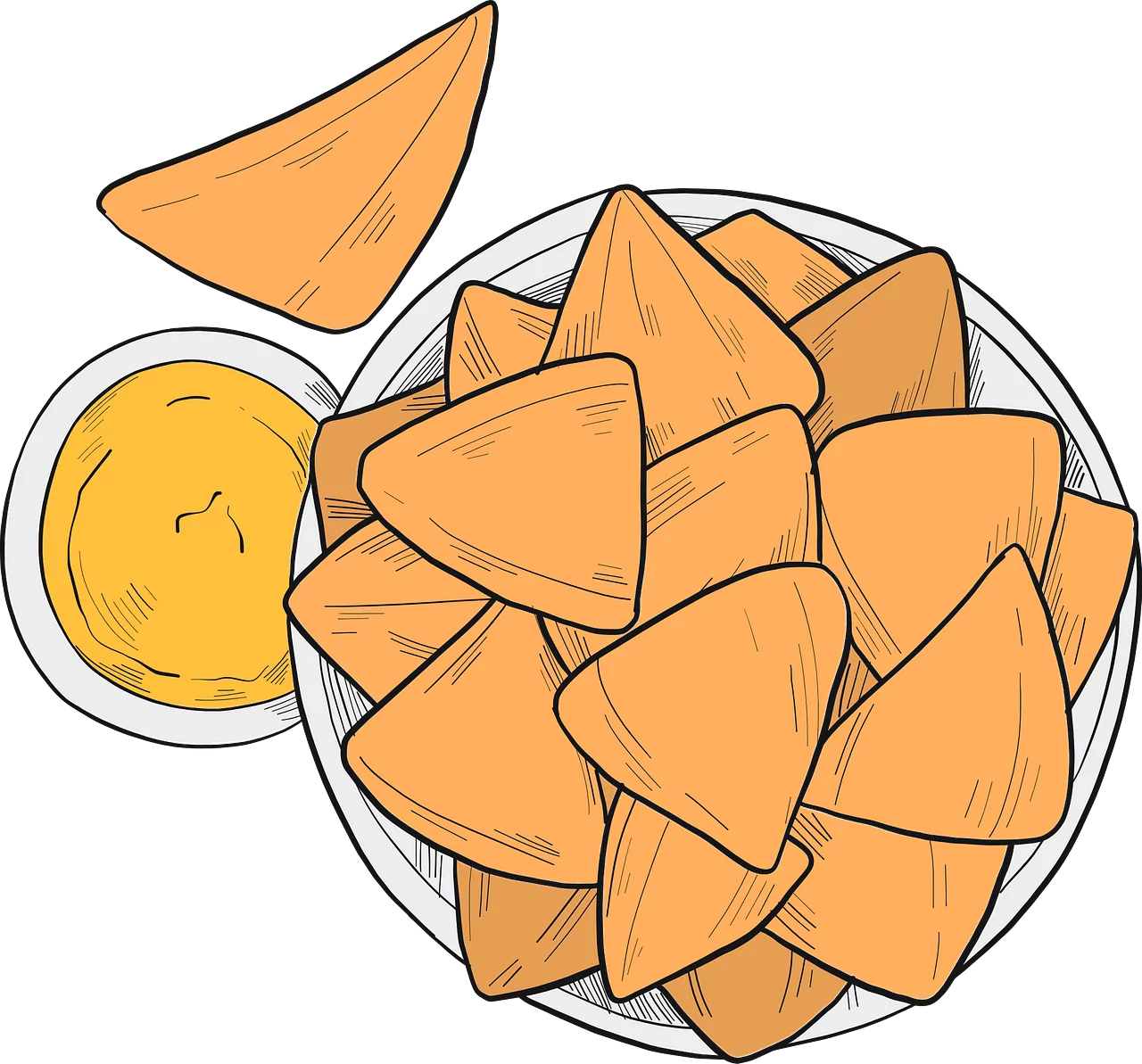 Hand-Drawn Tortilla Chips with Cheese Dip Snack Platter Food Clipart Illustration