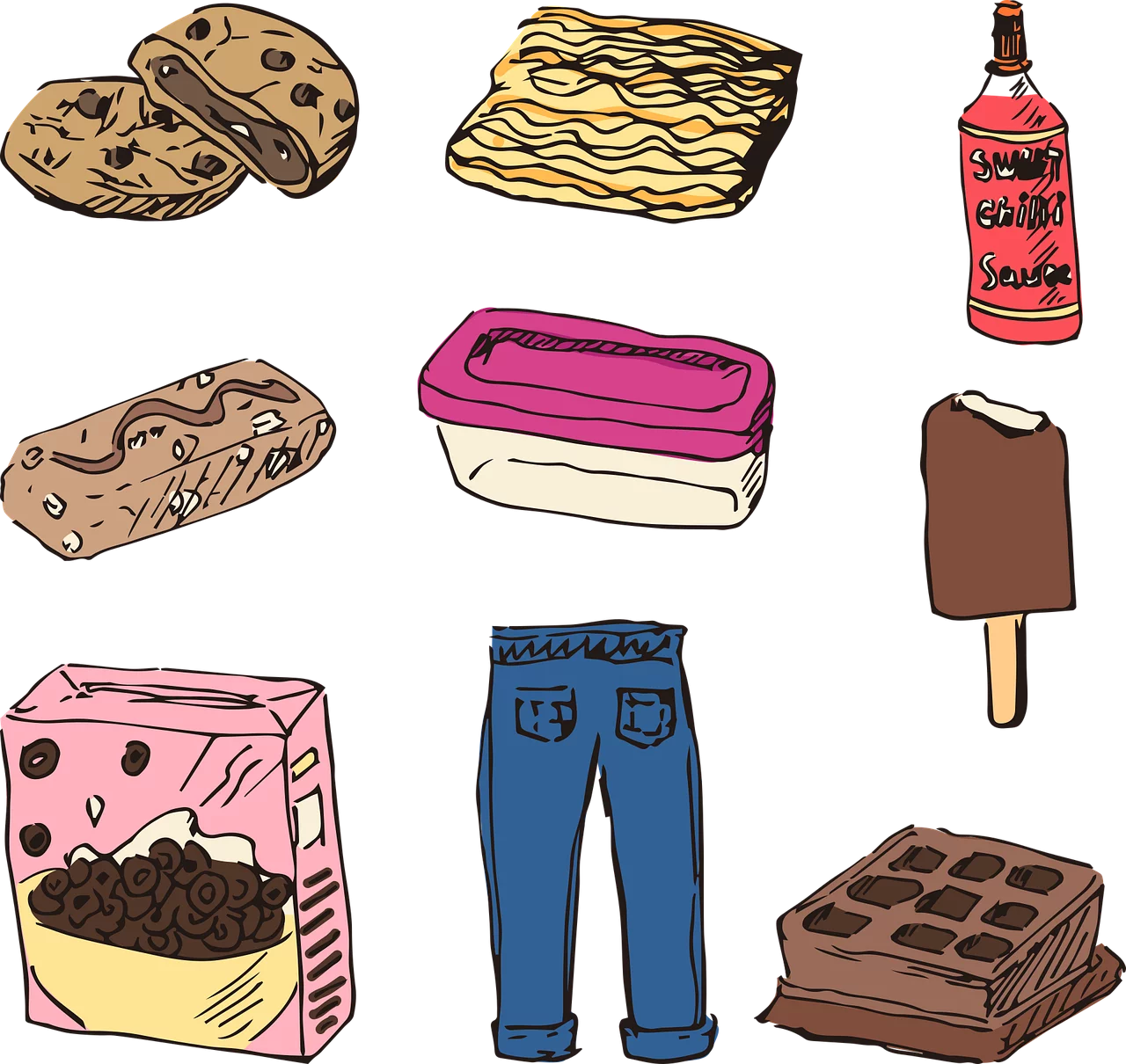 Whimsical Hand-Drawn Collection of Food and Everyday Objects Clipart Illustrations