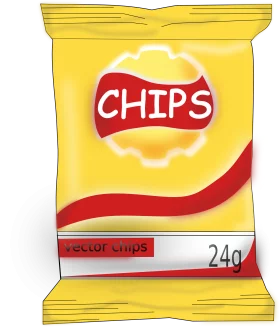 Bright Yellow Potato Chips Packet Clipart with Bold Red Logo and 24g Weight Label