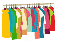 Colorful Array of Hanging Garments on Clothing Rack Clipart Illustration