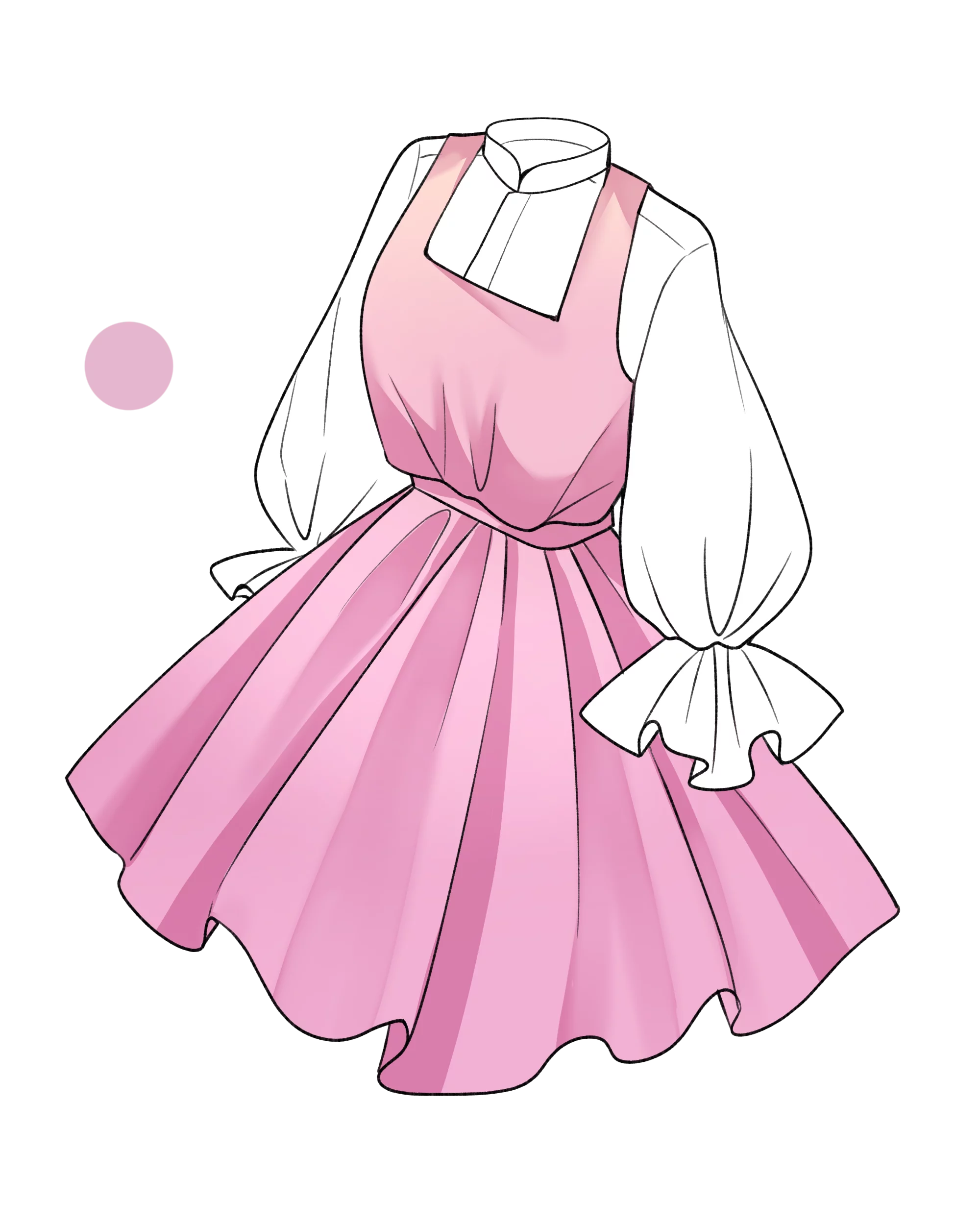 Elegant Pink Puffy Sleeve Dress with White Blouse Combination Clipart Illustration