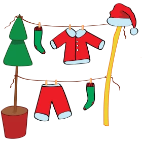 Festive Holiday Season Santa Outfit and Decorations on a Clothesline Clipart