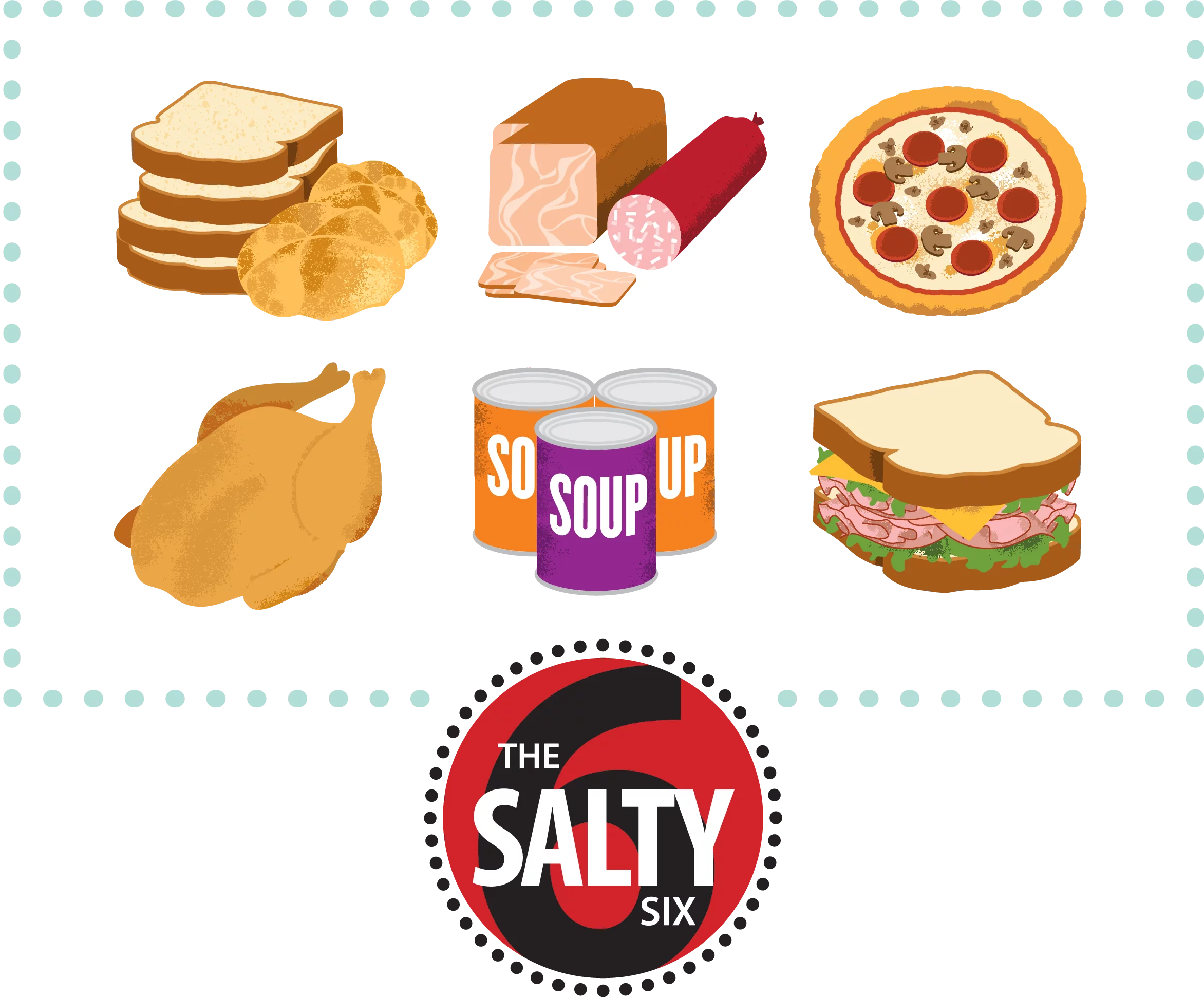 The Salty Six: Illustrated Food Clipart Collection of High-Sodium Culinary Favorites