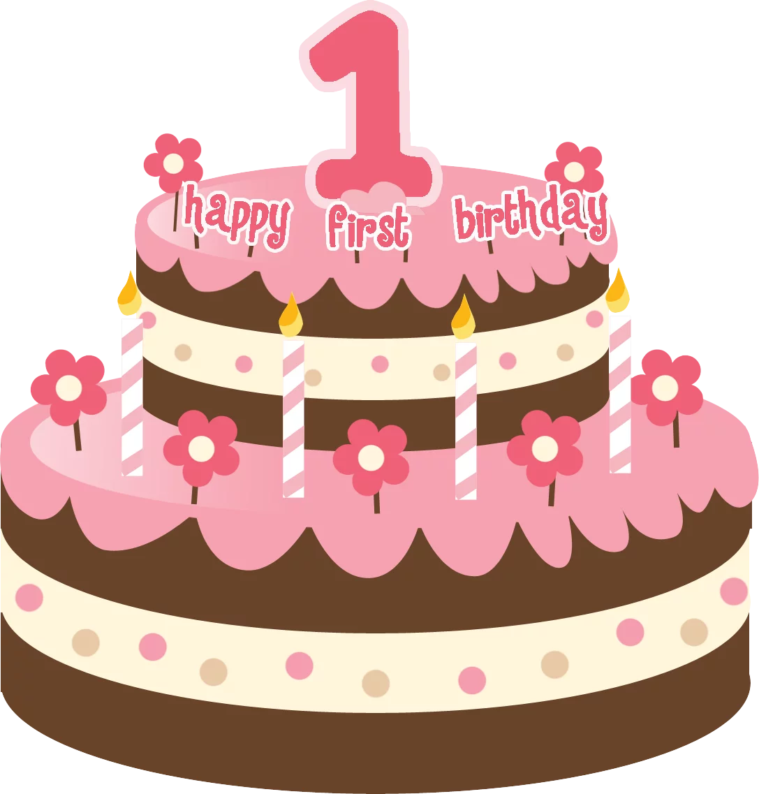 Adorable Pink and Brown First Birthday Celebration Cake Clipart for Baby Girl