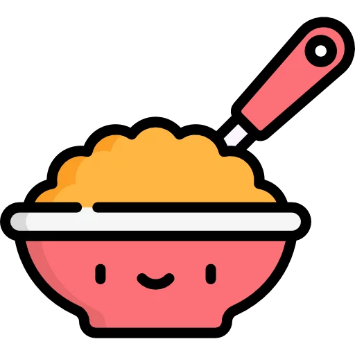 Adorable Smiling Bowl of Orange Food with Pink Spoon Serving Utensil Clipart