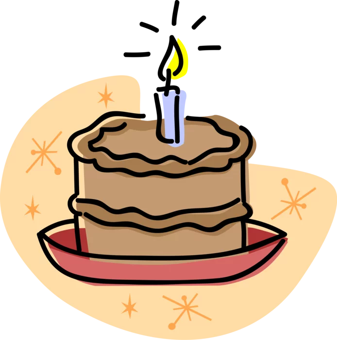 Celebration Chocolate Layer Cake with Glowing Candle - Birthday Party Clipart Illustration