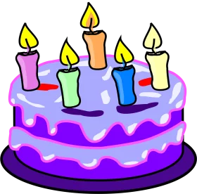 Colorful Birthday Cake Clipart with Five Lit Candles and Purple Frosting