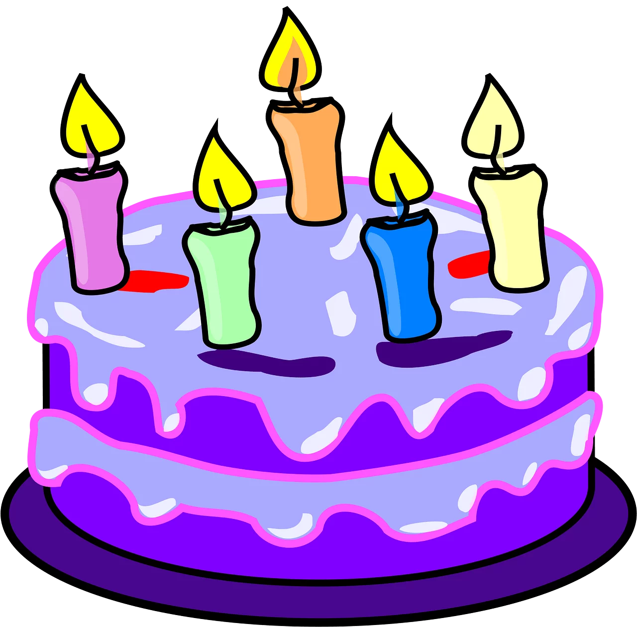 Colorful Birthday Cake Clipart with Five Lit Candles and Purple Frosting