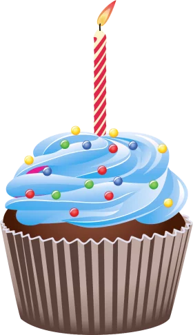 Colorful Birthday Celebration Cupcake with Single Candle and Blue Frosting Clipart