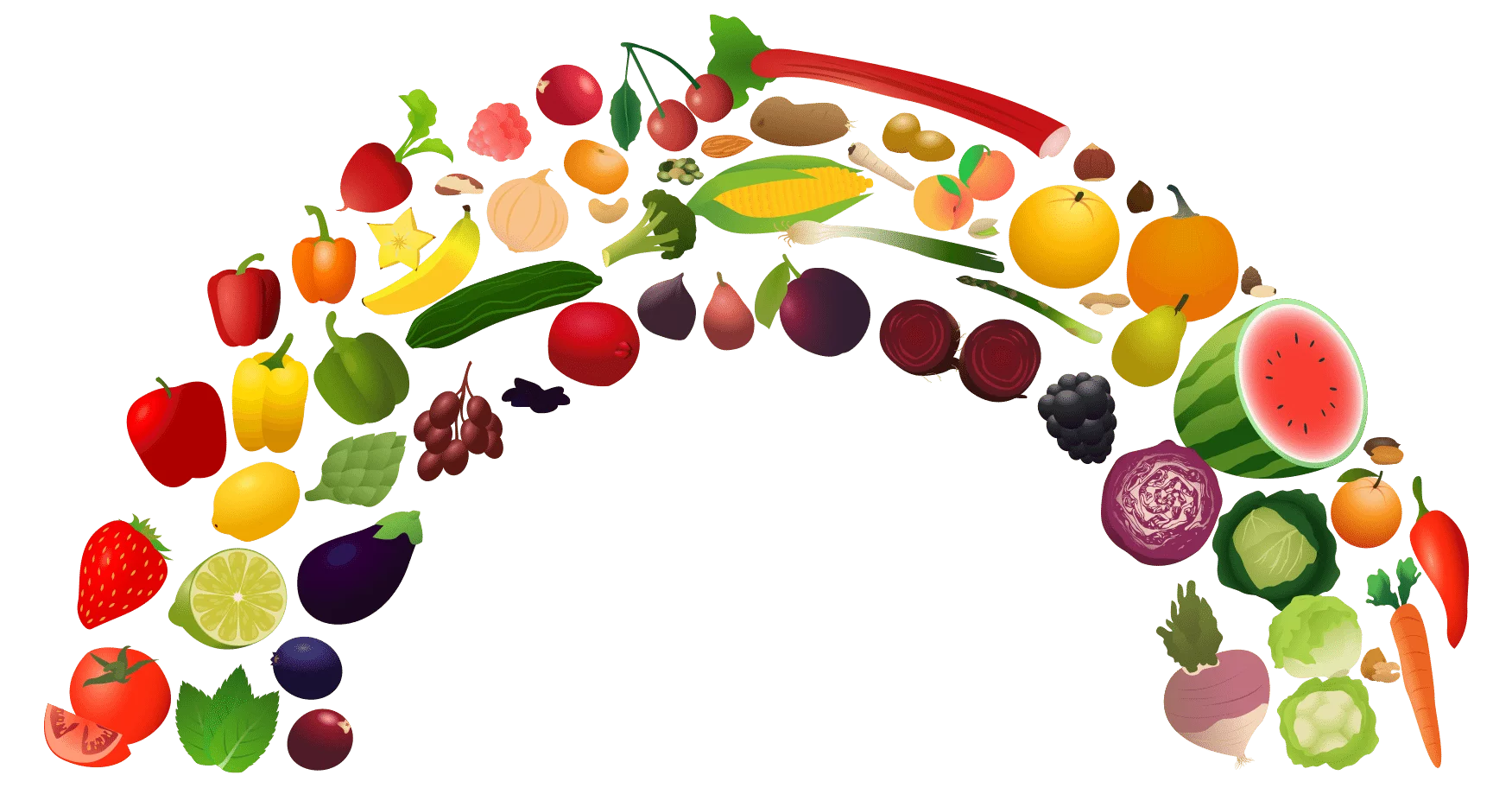 Colorful Rainbow Arc of Fresh Fruits and Vegetables Healthy Food Clipart