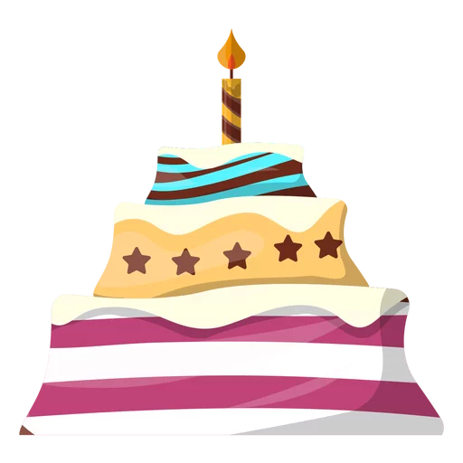 Colorful Three-Tier Birthday Celebration Cake with Candle Festive Clipart Illustration