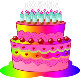 Colorful Three-Tier Birthday Celebration Cake with Candles and Hearts Clipart