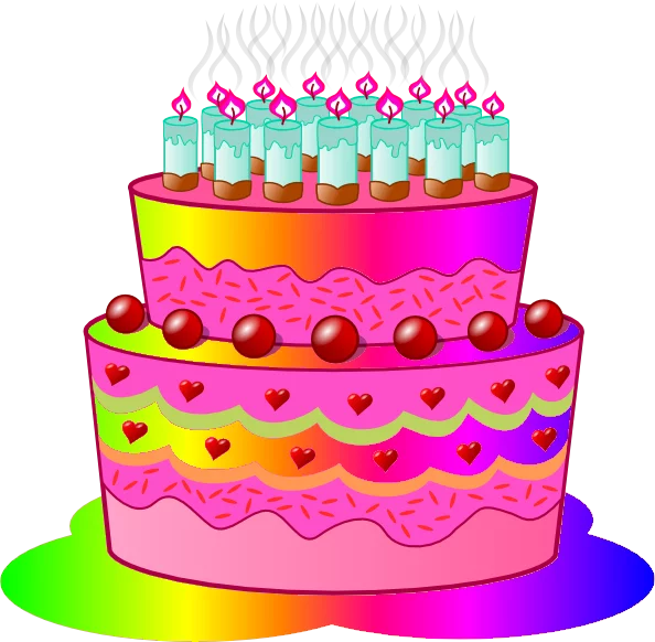 Colorful Three-Tier Birthday Celebration Cake with Candles and Hearts Clipart