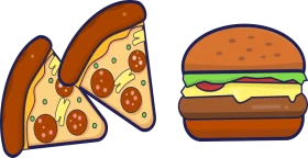 Delicious Fast Food Cartoon Clipart: Pizza Slices and Cheeseburger Illustration