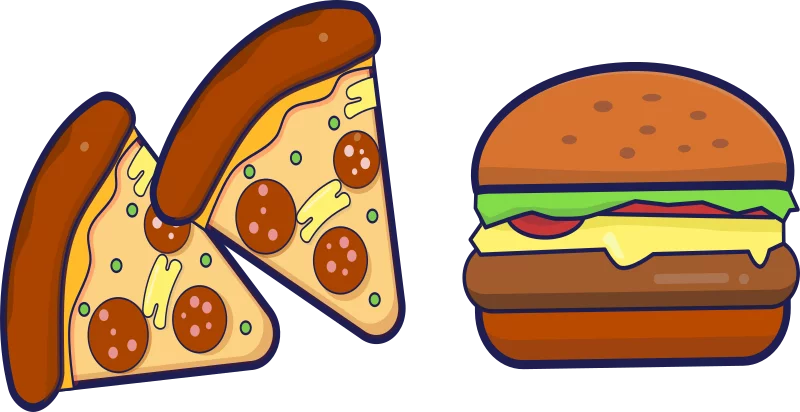 Delicious Fast Food Cartoon Clipart: Pizza Slices and Cheeseburger Illustration