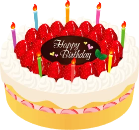 Delicious Festive Birthday Cake with Strawberries and Colorful Candles Clipart