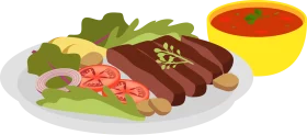 Delicious Illustrated Meal with Grilled Sausages and Tomato Soup Clipart