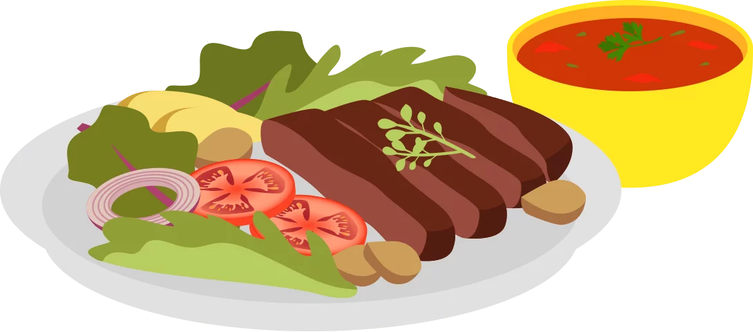 Delicious Illustrated Meal with Grilled Sausages and Tomato Soup Clipart