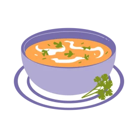 Delicious Orange Creamy Soup with Fresh Herbs in Purple Bowl Clipart