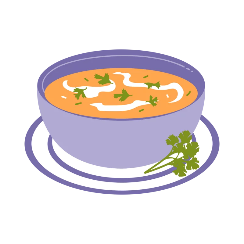 Delicious Orange Creamy Soup with Fresh Herbs in Purple Bowl Clipart