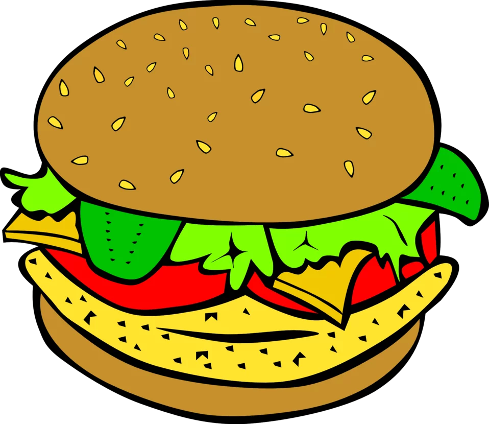 Deliciously Colorful Cartoon Hamburger with Lettuce and Cheese Clipart