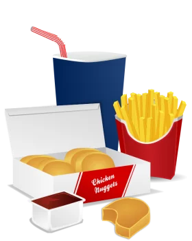 Fast Food Meal Clipart: Colorful Illustration of Burger, Fries, Drink and Dipping Sauce