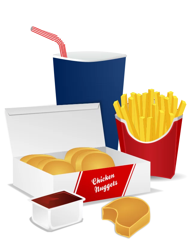 Fast Food Meal Clipart: Colorful Illustration of Burger, Fries, Drink and Dipping Sauce