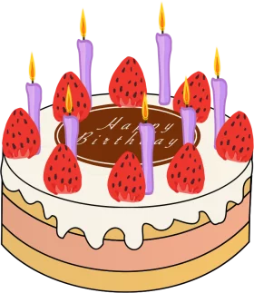 Festive Birthday Celebration Cake with Strawberries and Candles Clipart Illustration