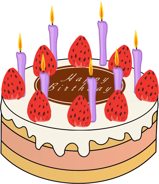 Festive Birthday Celebration Cake with Strawberries and Candles Clipart Illustration