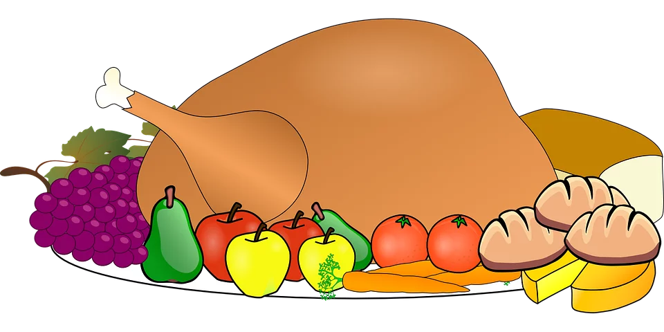 Festive Holiday Feast Clipart with Roasted Turkey and Fresh Fruits and Vegetables