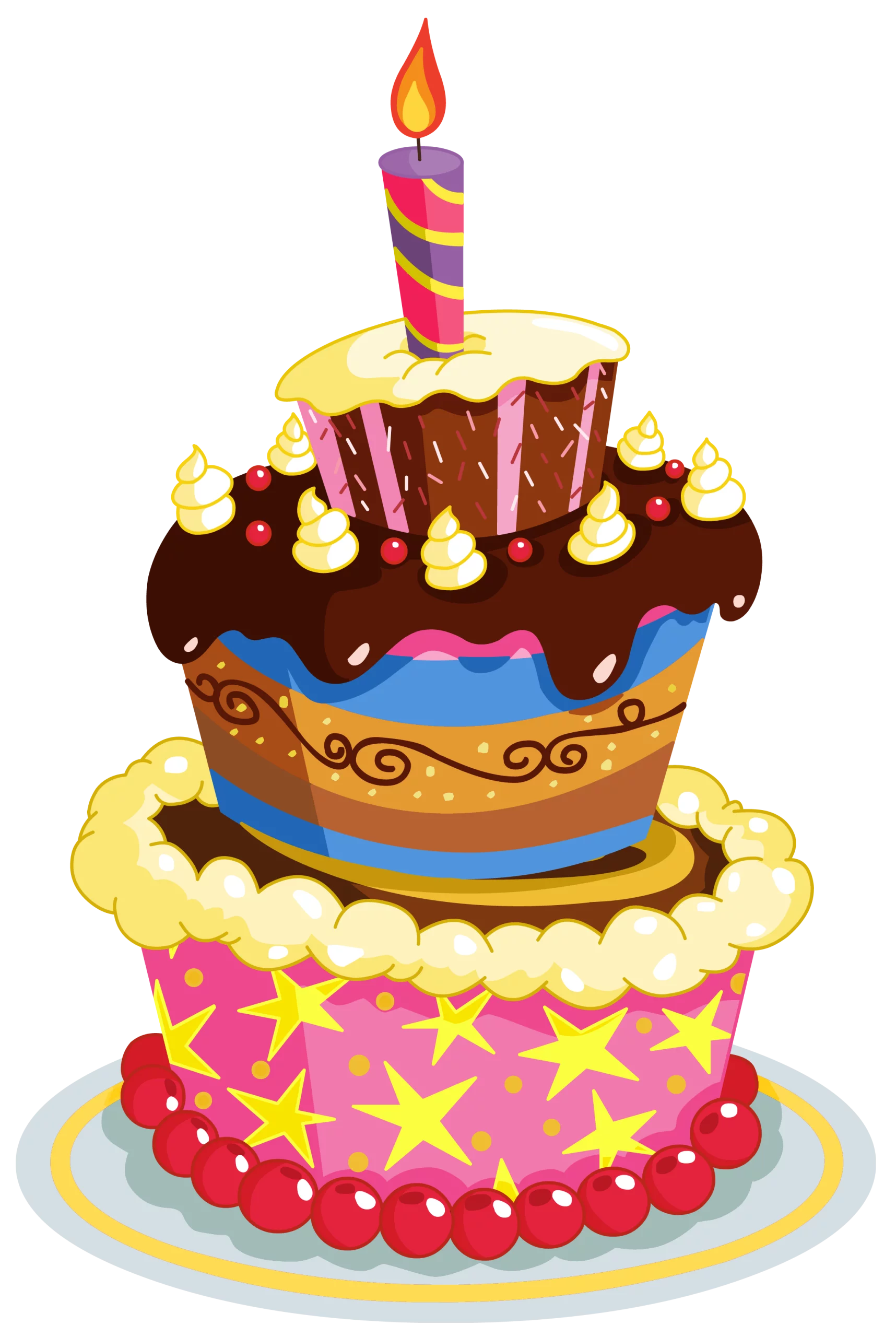 Festive Three-Tier Birthday Celebration Cake with Spiral Candle Flame Clipart