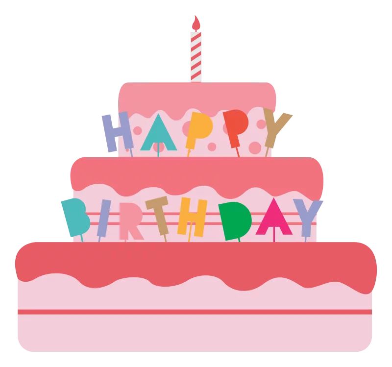 Festive Three-Tiered Pink Birthday Cake Clipart with Colorful Happy Birthday Text