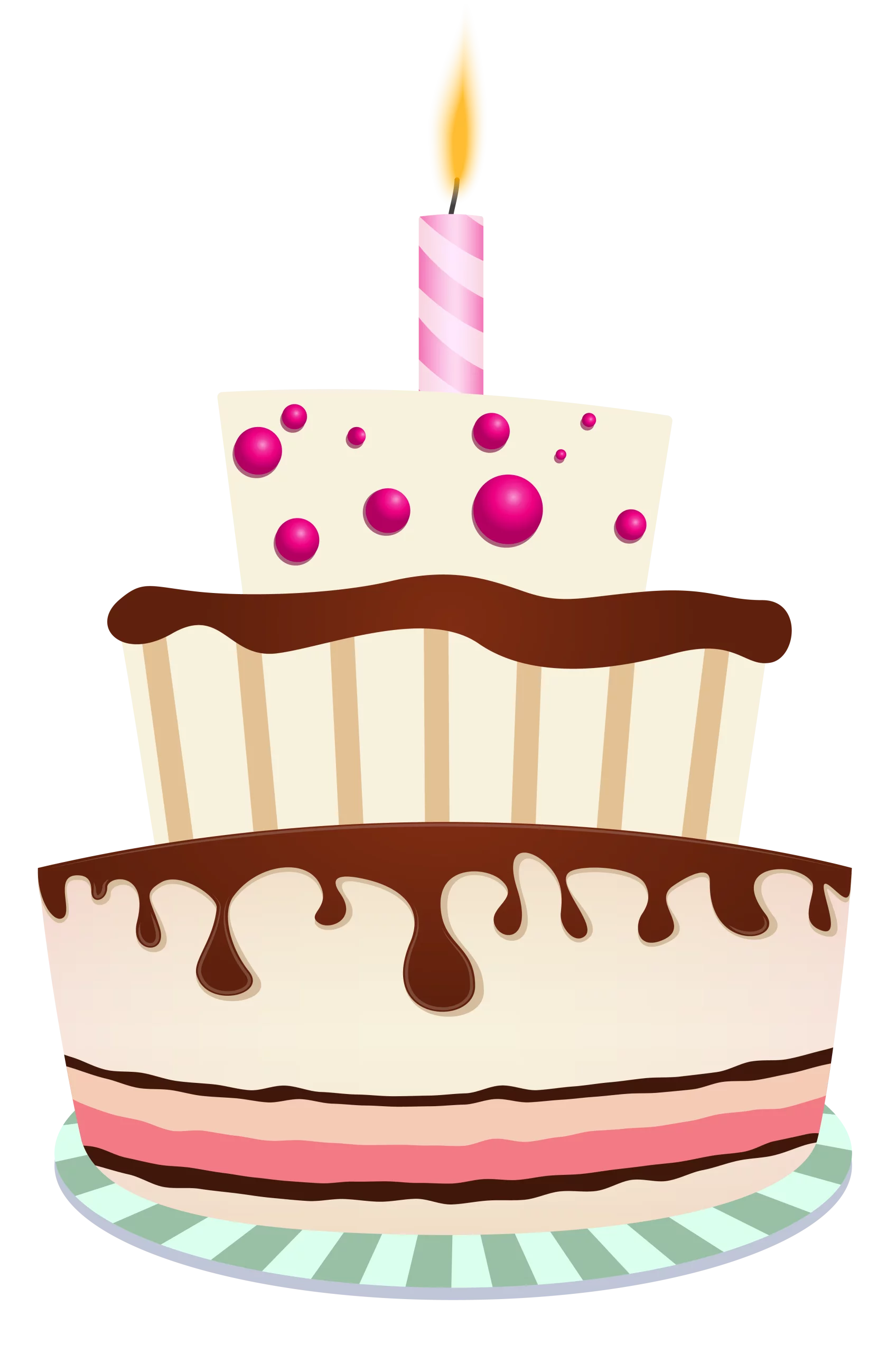 Festive Two-Tier Birthday Cake with Chocolate Drizzle and Pink Candle Celebration Clipart