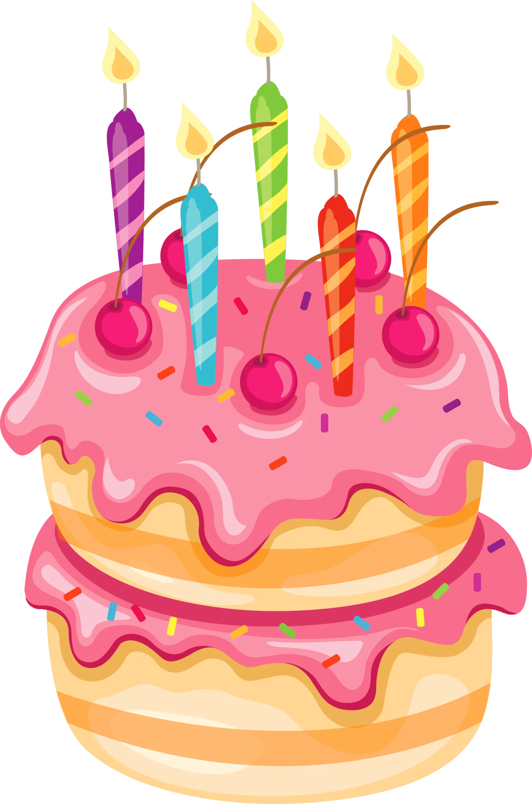 Festive Two-Tier Birthday Celebration Cake with Colorful Spiral Candles Clipart