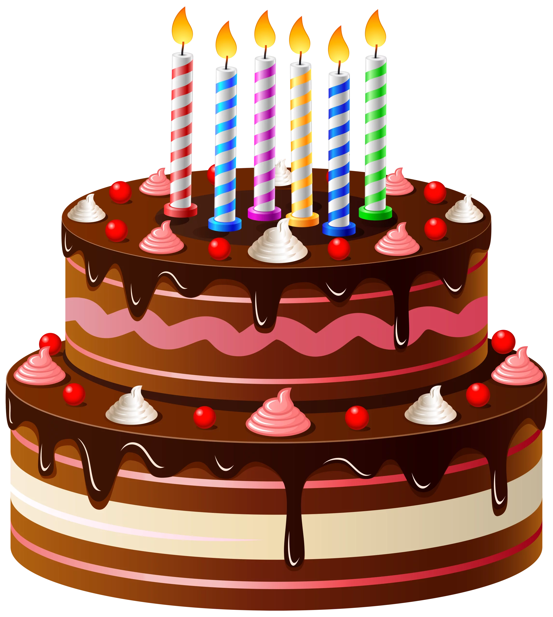 Festive Two-Tier Chocolate Birthday Cake with Colorful Candles Clipart Illustration