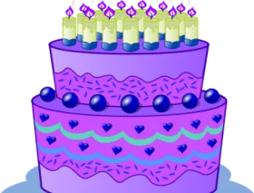 Festive Two-Tier Purple Birthday Celebration Cake with Candles and Hearts Clipart