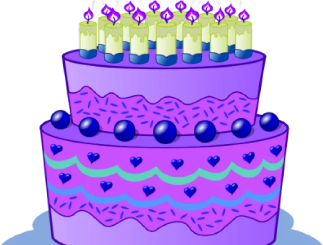 Festive Two-Tier Purple Birthday Celebration Cake with Candles and Hearts Clipart