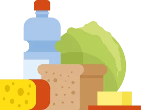 Fresh Food and Drink Essentials: Bottled Water, Bread, Cheese and Cabbage Clipart