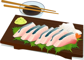 Fresh Japanese Sashimi Slices on Wooden Board with Soy Sauce Clipart