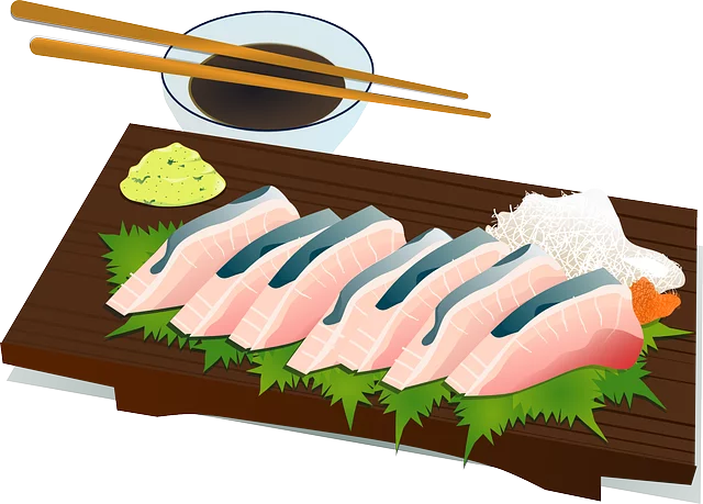 Fresh Japanese Sashimi Slices on Wooden Board with Soy Sauce Clipart