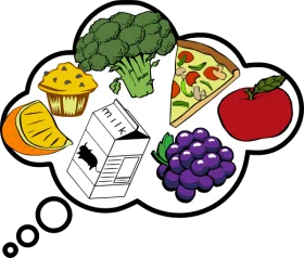 Healthy Food Choices and Reading Material Thought Bubble Colorful Clipart Illustration