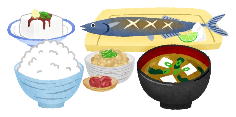 Traditional Japanese Meal Set with Rice and Grilled Fish Clipart Illustration